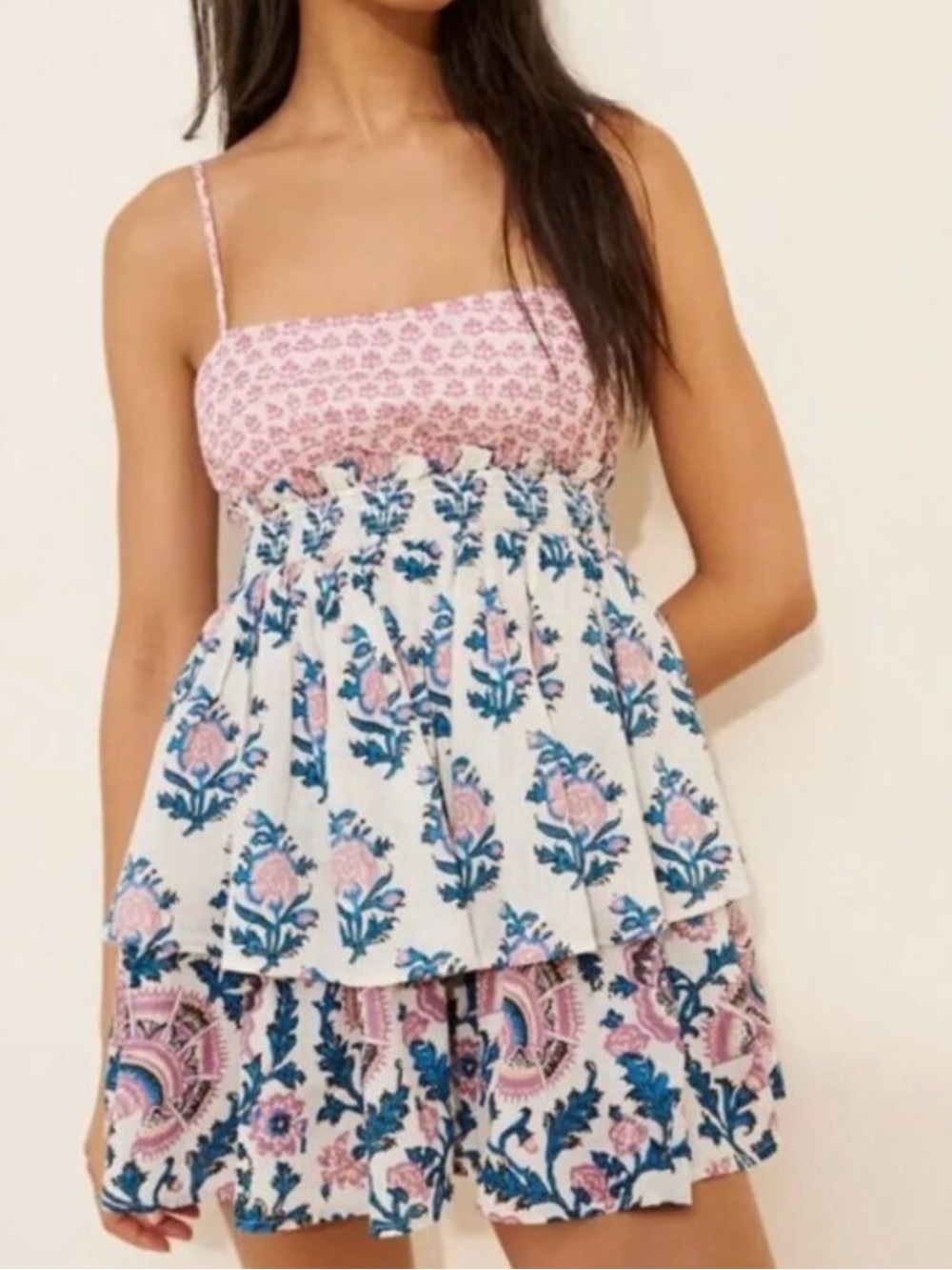 Anthropologie Pink and Blue Floral Smocked Tiered Mini Dress